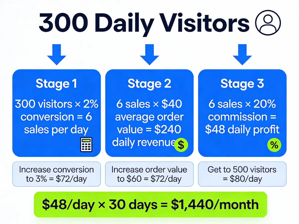 Earnings breakdown calculation showing 300 daily visitors to $1440 monthly income