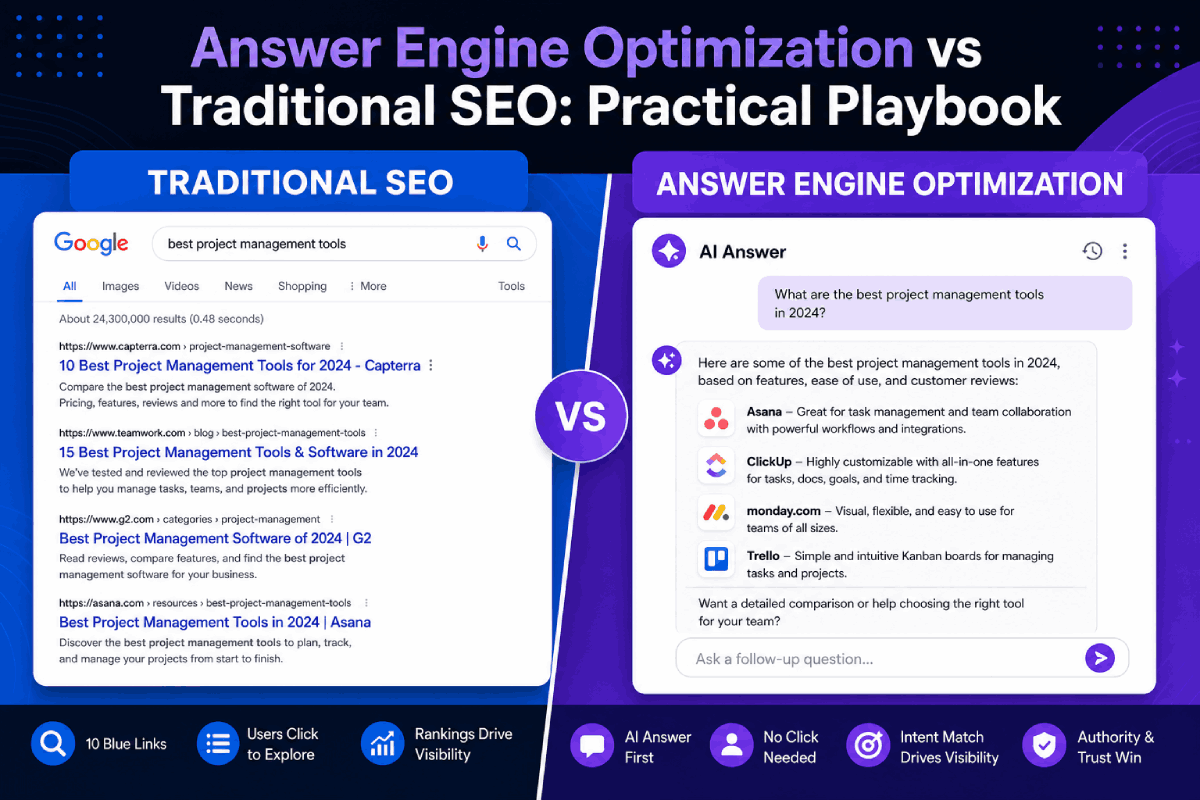 Split view contrasting traditional search results with AI answer boxes