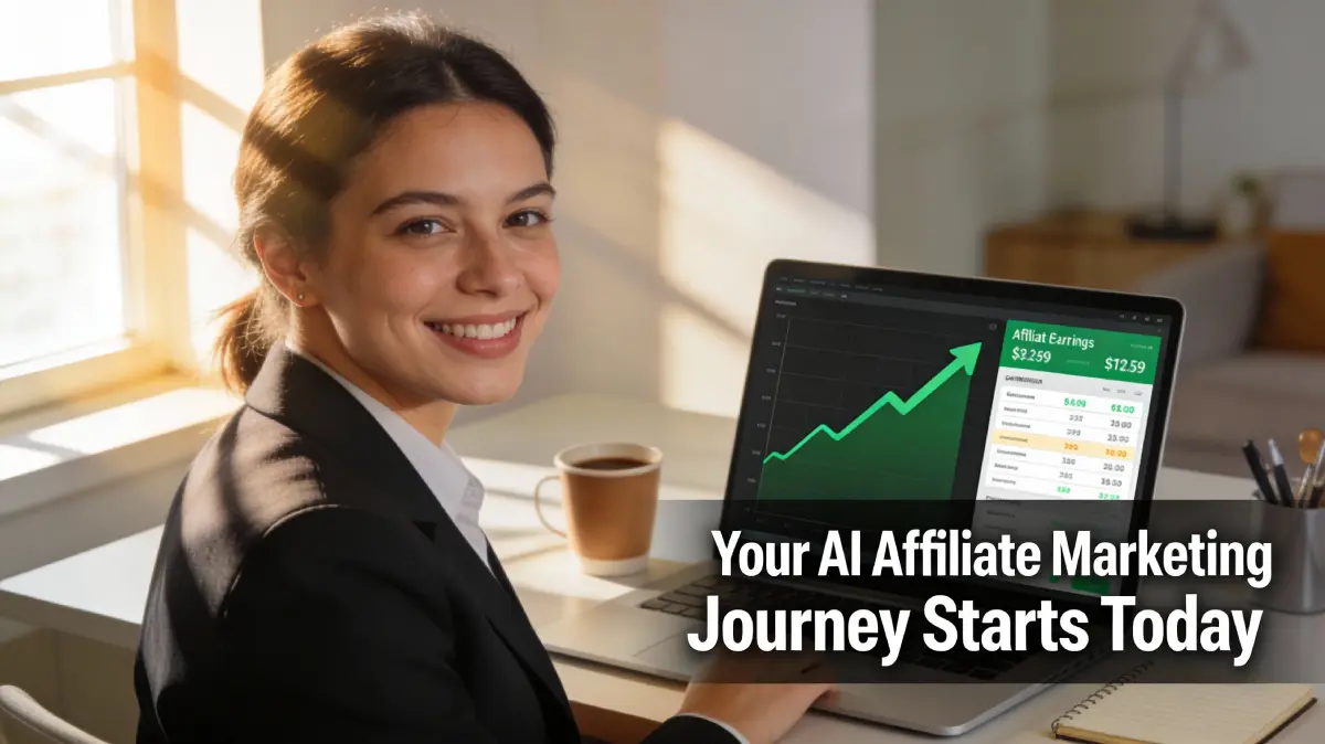 Motivational image showing successful affiliate marketer with earnings dashboard