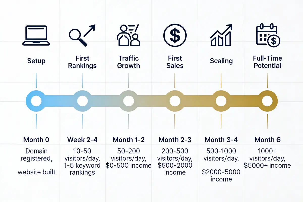Timeline showing beginner affiliate marketing progress from month 0 to month 6