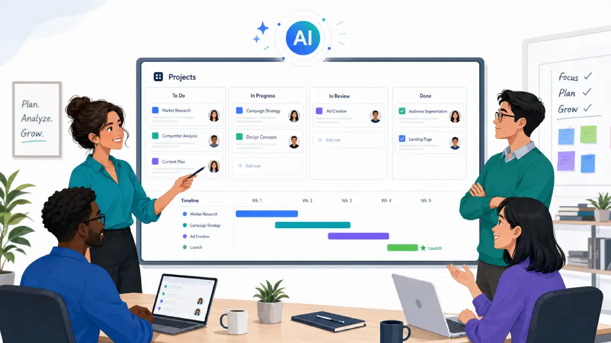 Team collaborating around a task board enhanced by AI suggestions