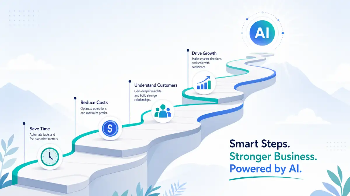 Step-by-step AI adoption roadmap path with icons