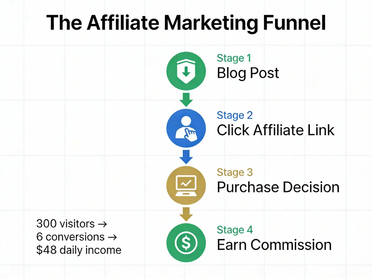 Affiliate marketing funnel from visitor to commission