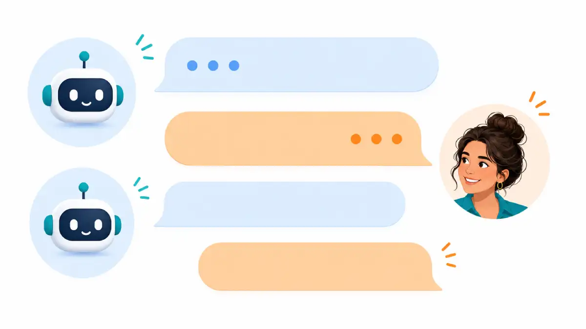 Human and AI chatbot exchanging colourful message bubbles