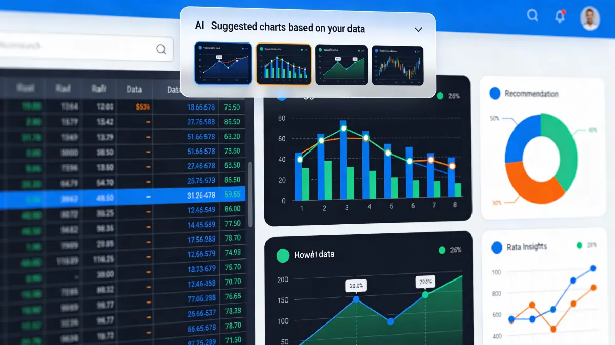 Automatic chart generation showing data transforming into various chart types with recommendations