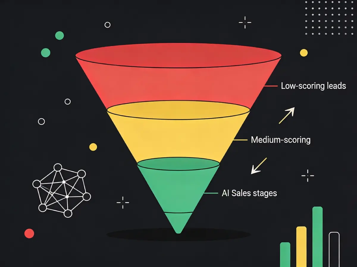 Embudo visual que muestra la puntuación de leads con IA, desde leads rojos de baja probabilidad hasta verdes de alta probabilidad