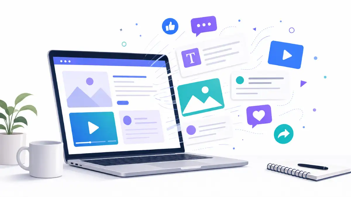 Laptop showing abstract social media and content icons representing AI marketing
