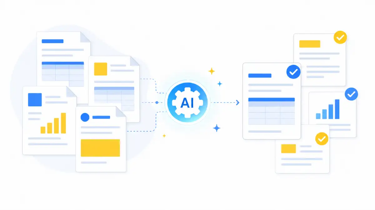 Documents and invoices being processed by an abstract AI cog