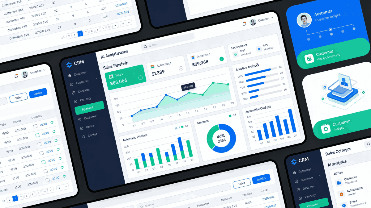 Panel de control de CRM con IA que muestra análisis de clientes, embudos de ventas y conocimientos predictivos
