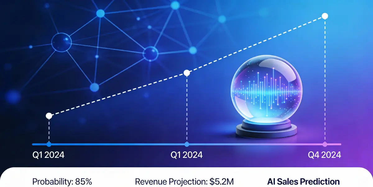 Gráfico de análisis predictivo que muestra tendencias ascendentes en ingresos con líneas de pronóstico, porcentajes de probabilidad y proyecciones temporales