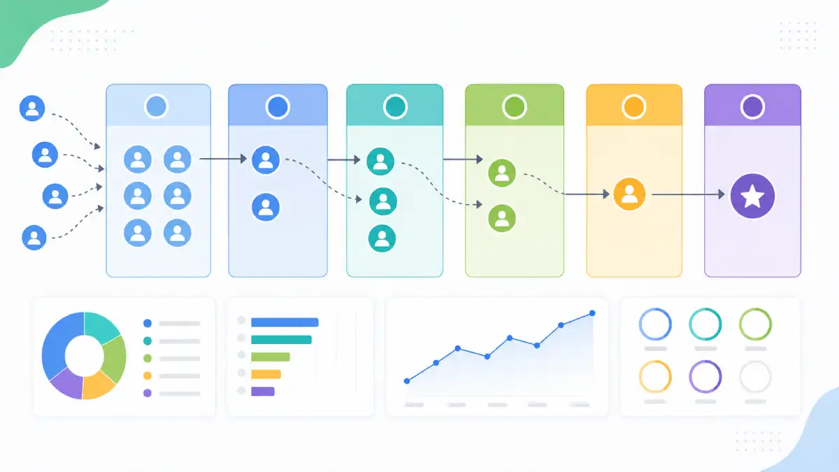 Abstract AI sales pipeline with leads moving through colourful stages
