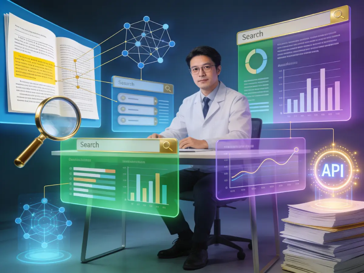AI-powered academic research workspace showing paper discovery tools, citation networks, and data analysis integration