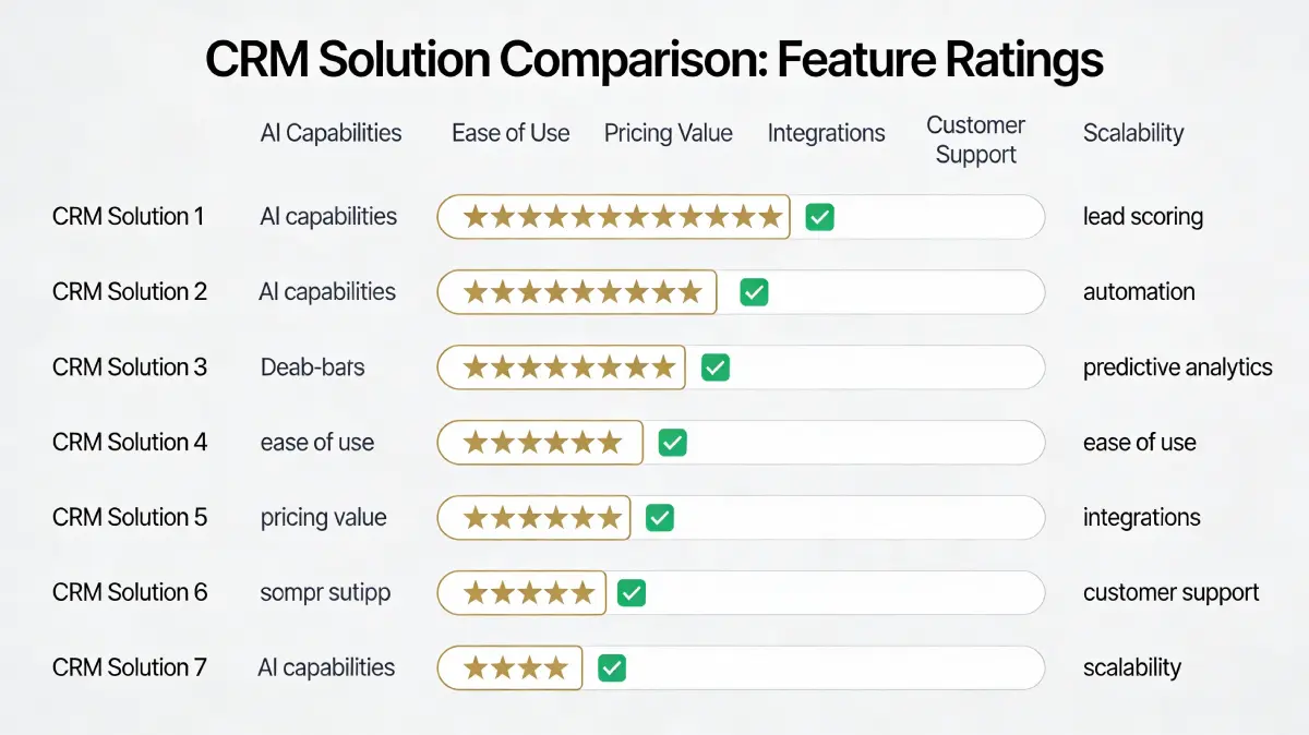 Tabla comparativa integral de CRM que muestra calificaciones para capacidades de IA, facilidad de uso, valor de precios, integraciones y soporte al cliente