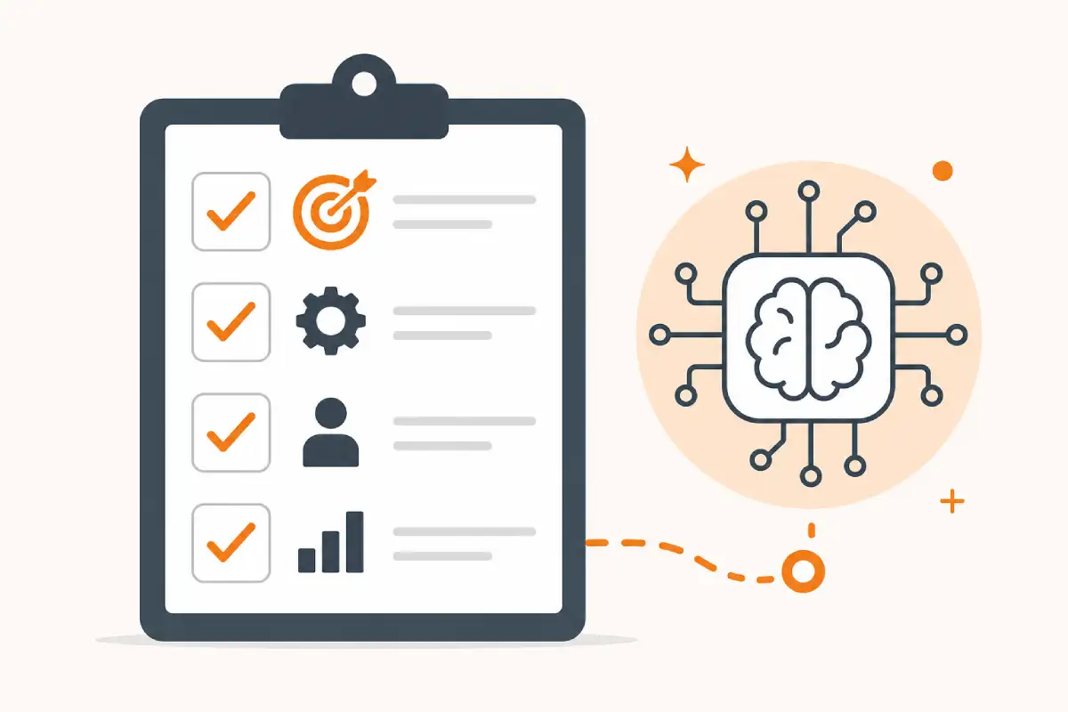 Illustration of a checklist-style roadmap with an abstract AI symbol representing a plan to humanize AI