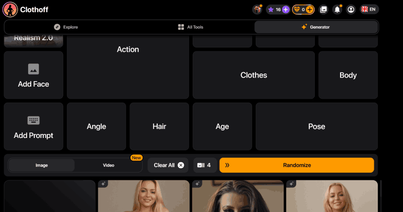 ClothOff dashboard showing the drag-and-drop upload area and processing interface