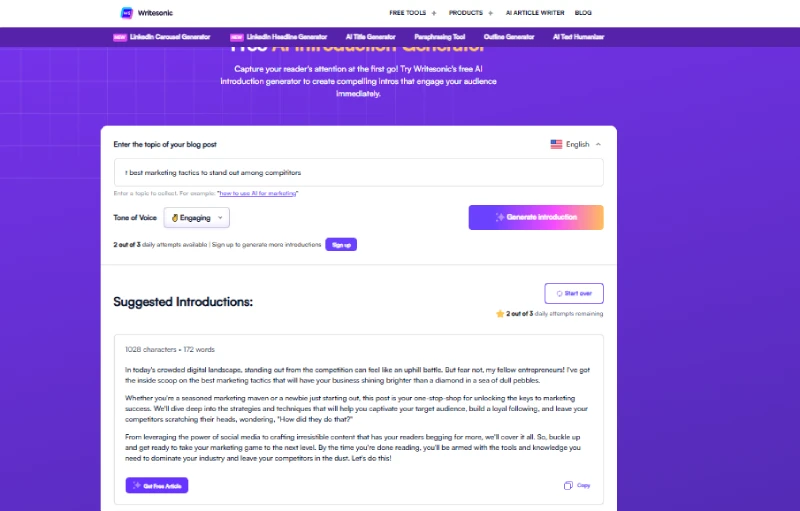 Introduction generator by writesonic.com