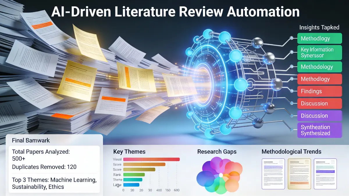 Literature review automation showing AI analyzing multiple research papers and synthesizing findings into structured summaries