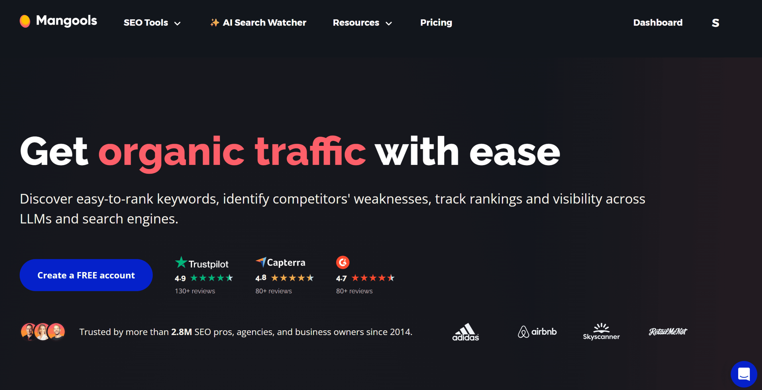 Mangools homepage — beginner-friendly SEO toolkit with AI Search Watcher