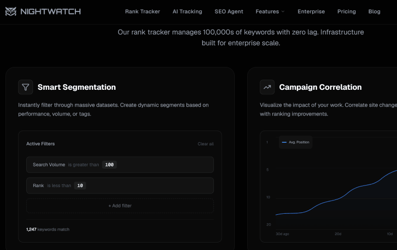 Nightwatch dashboard showing LLM visibility score and keyword rank data