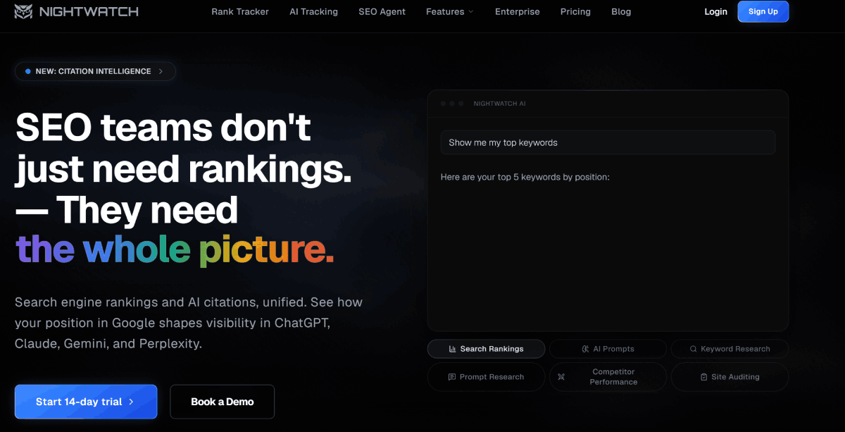 Nightwatch homepage — dedicated LLM visibility and rank tracking tool