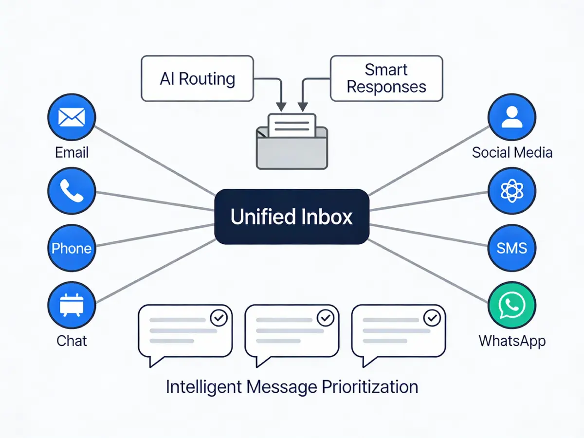 Integración de canales de comunicación que muestra correo electrónico, teléfono, chat, redes sociales y SMS, todos conectados a una bandeja de entrada unificada impulsada por IA