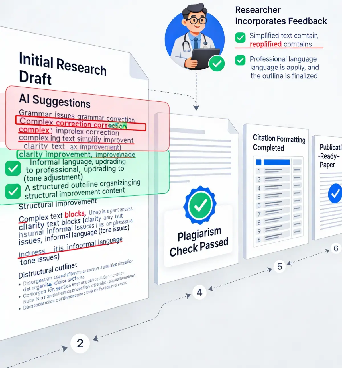 Paper refinement cycle showing stages from initial draft through AI feedback, improvements, plagiarism checking, and final publication-ready manuscript