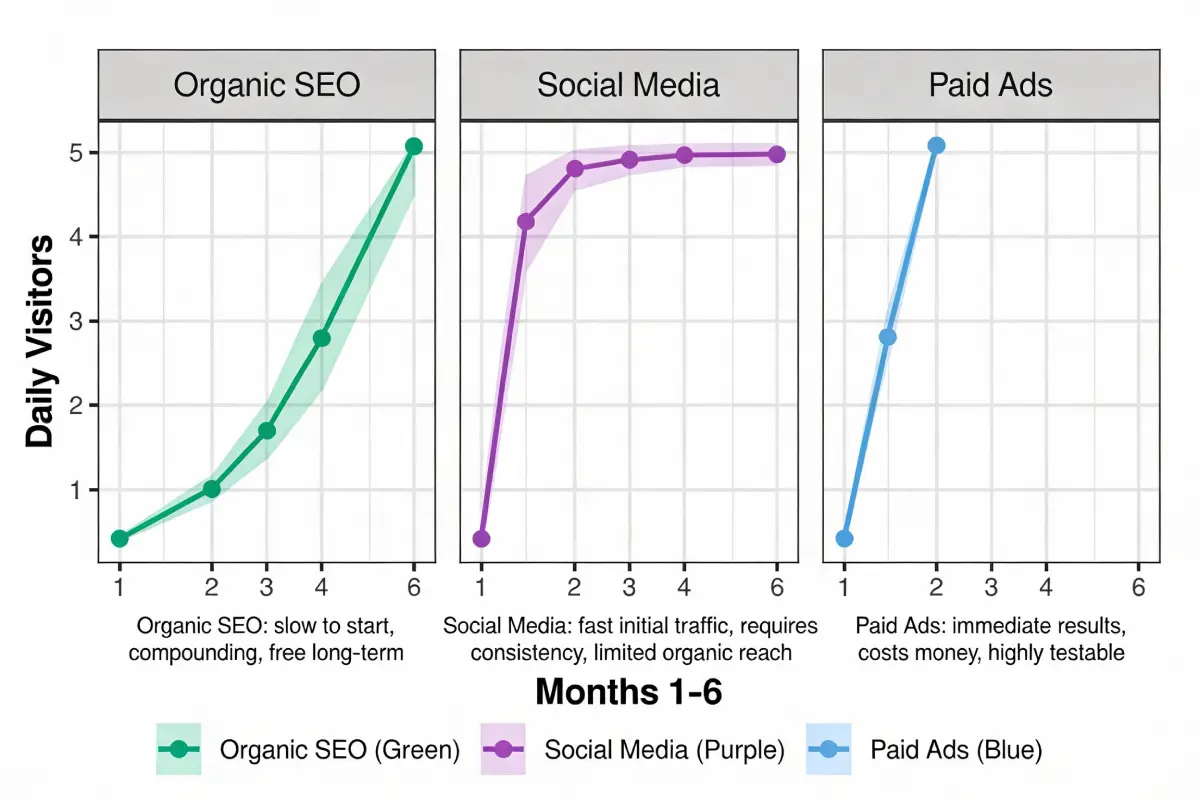 Comparison of organic SEO, social media, and paid ads traffic sources
