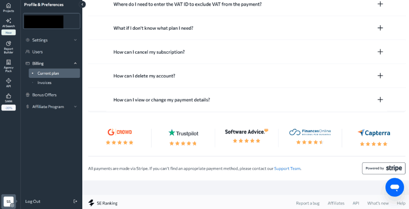 SE Ranking dashboard showing keyword rankings and AI visibility score