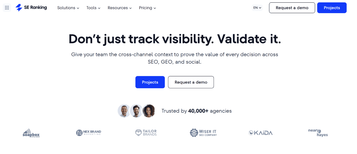 SE Ranking homepage showing AI SEO platform features