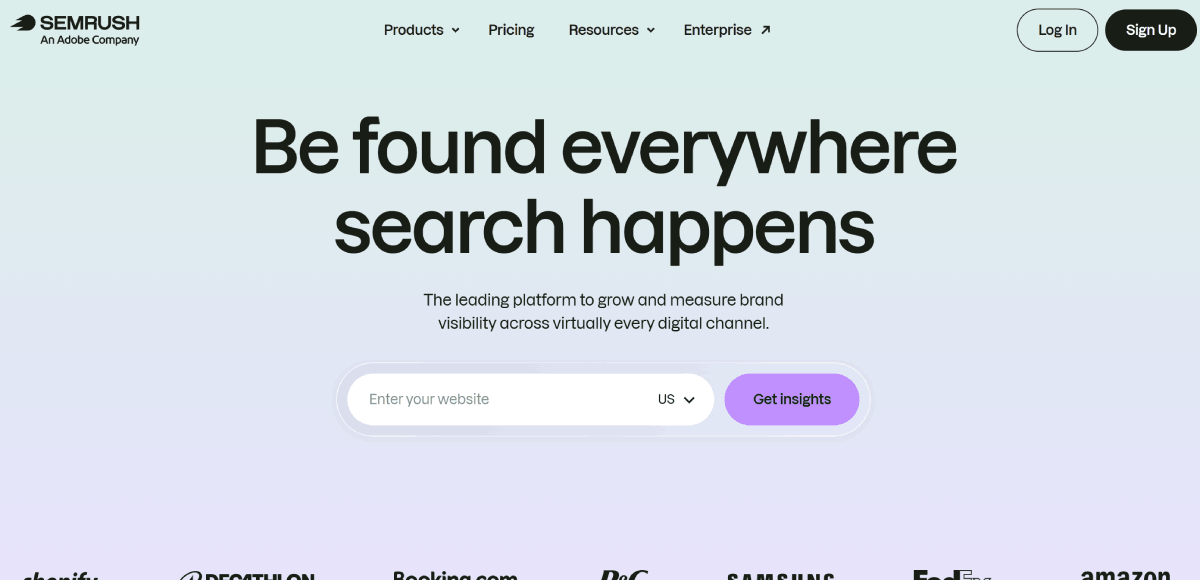 Semrush homepage — enterprise SEO and AI brand visibility platform