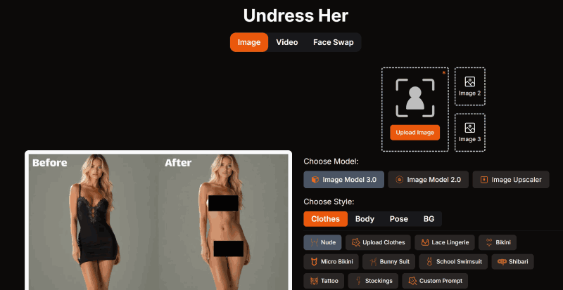 Undresswith AI dashboard showing the style selector panel and image generation workspace