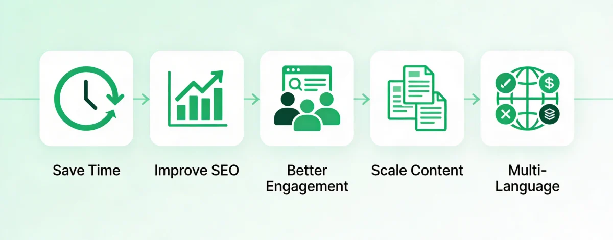 5 key benefits of using AI blog outline generator including save time, improve SEO, better engagement, scale content, and multi-language support