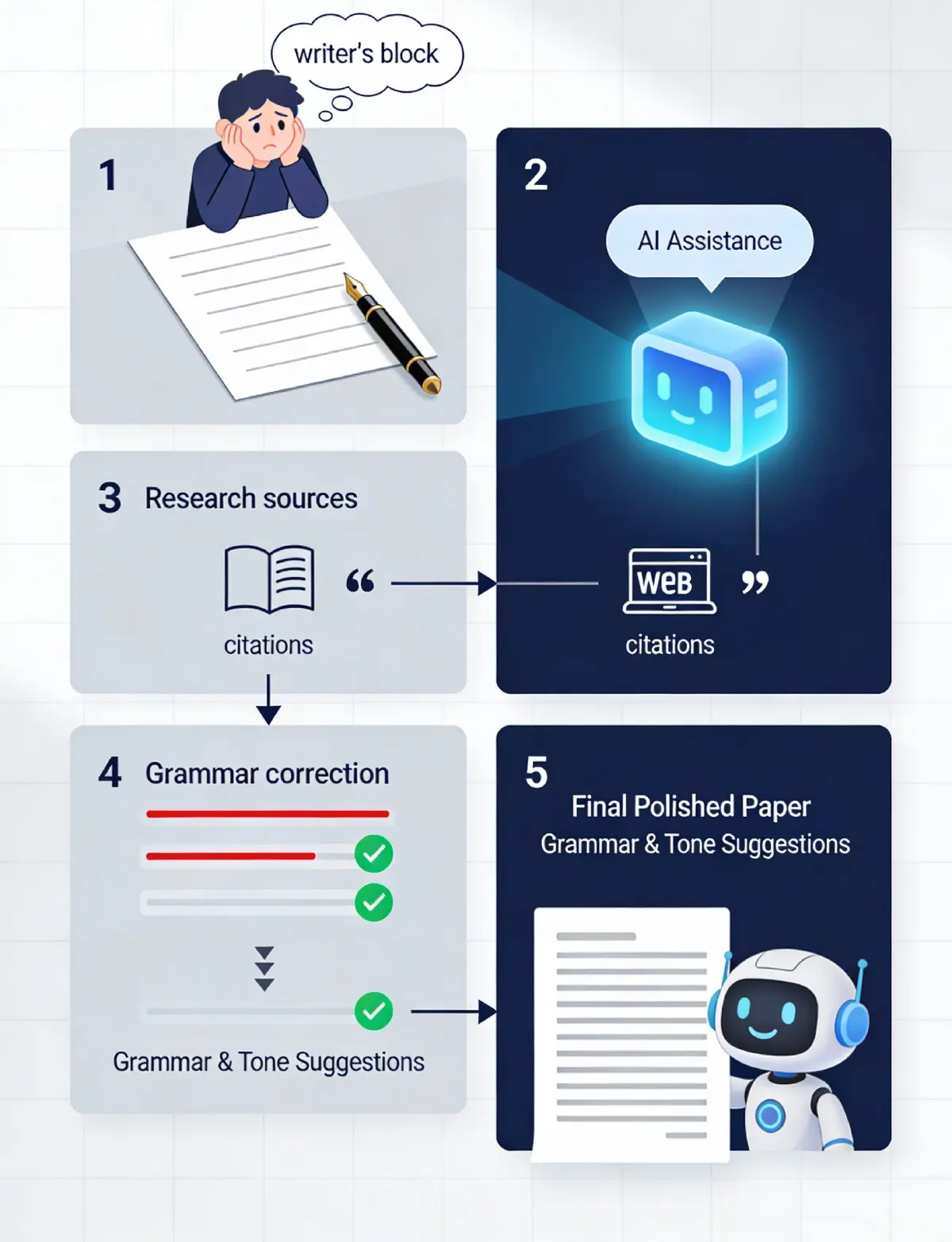 Academic writing workflow showing transformation from blank page through AI suggestions and refinement to final polished manuscript