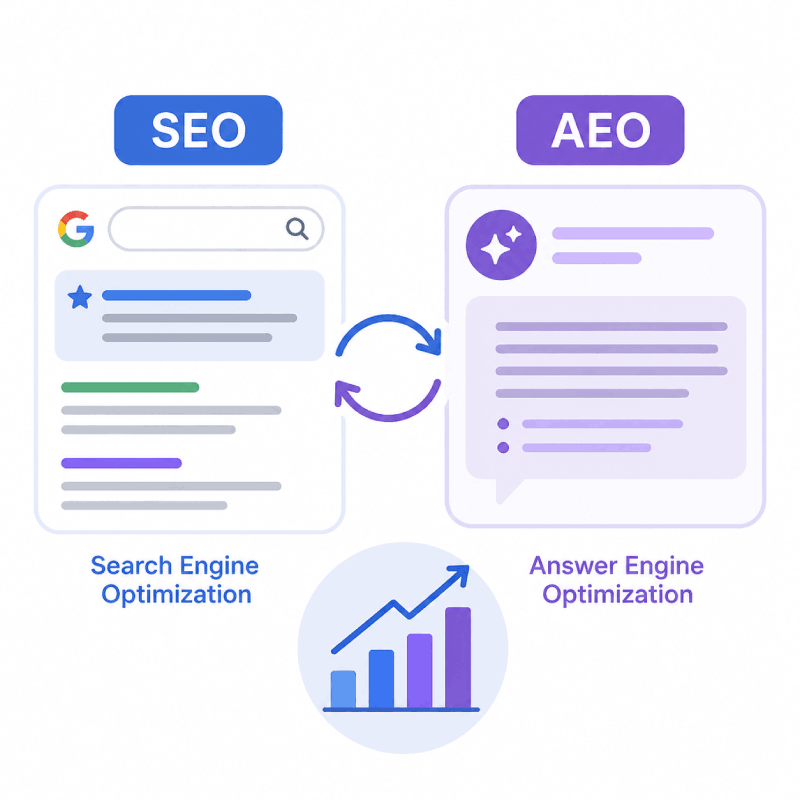 Icon cluster showing SERP snippet, AI chat bubble, switching arrow, and chart