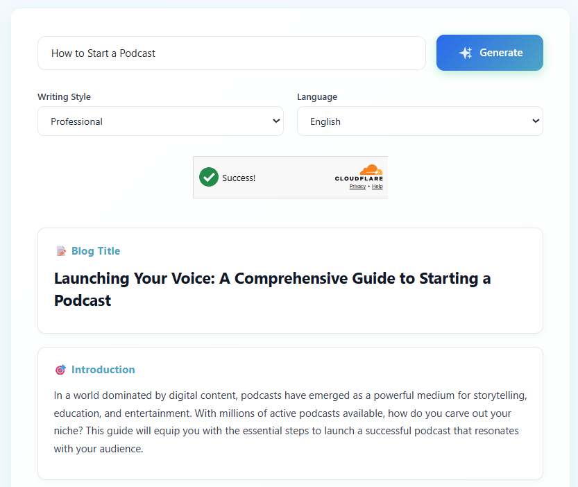 AI-generated blog outline example for 'How to Start a Podcast' showing structured sections, headings, and key points