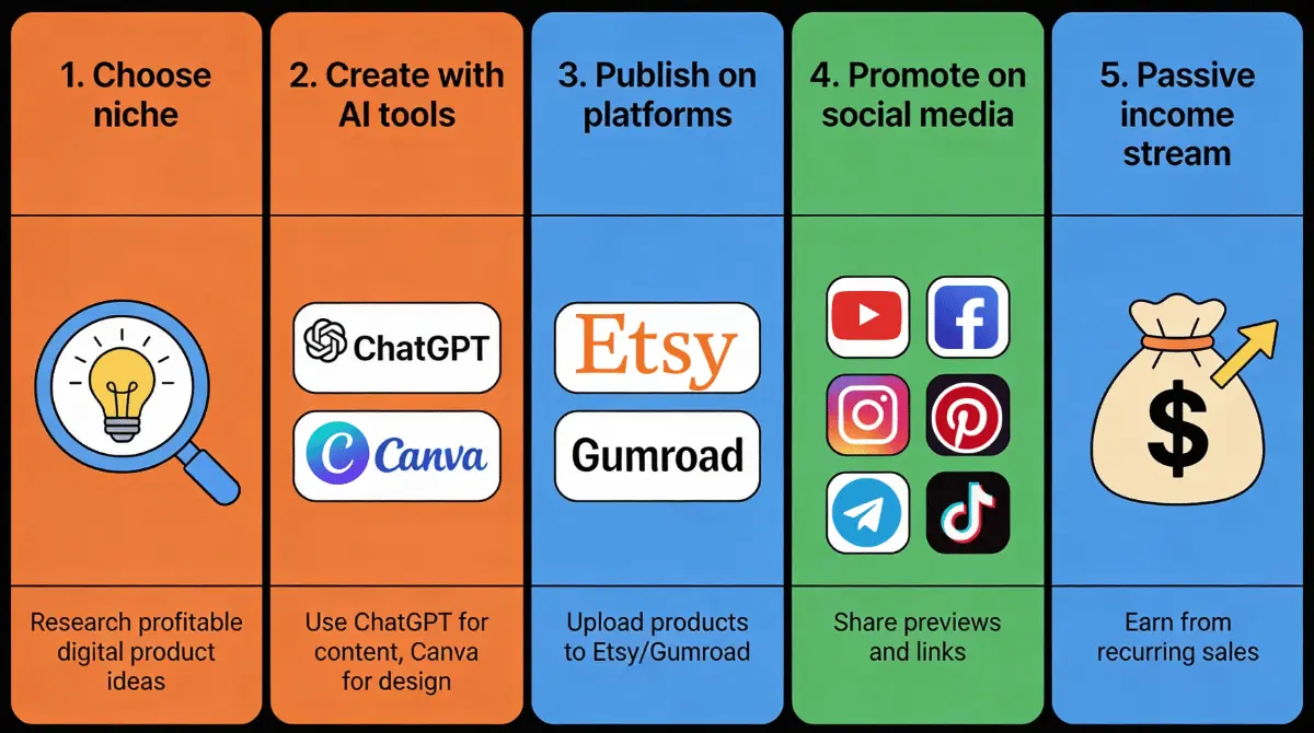 5-step workflow for creating and selling digital products with AI tools