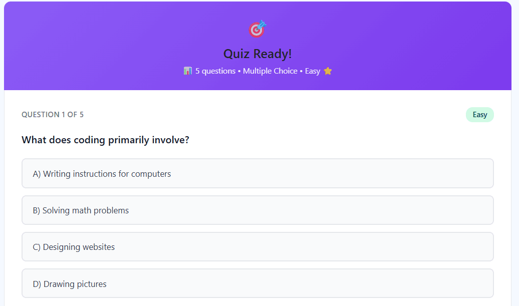 AI-generated quiz questions with multiple choice options