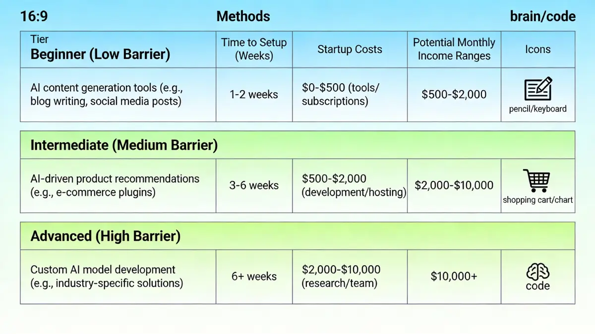 Three difficulty tiers for AI monetization: beginner, intermediate, and advanced with setup times and income potential