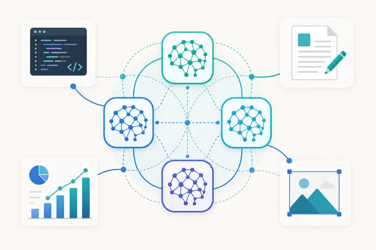 Dashboard-style illustration showing gauges and charts representing AI performance metrics in 2026