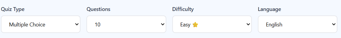 Quiz settings: type, number of questions, difficulty level, and language
