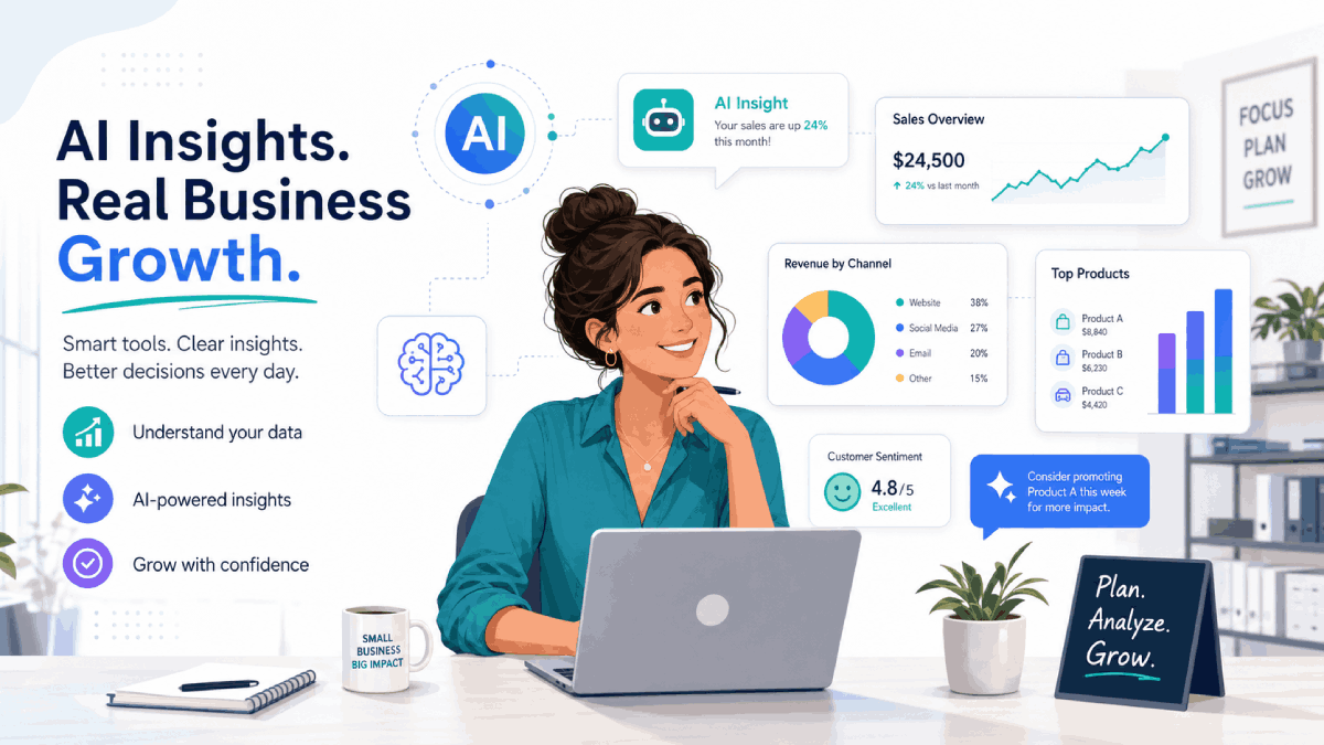 Small business owner using AI tools with abstract dashboards and charts