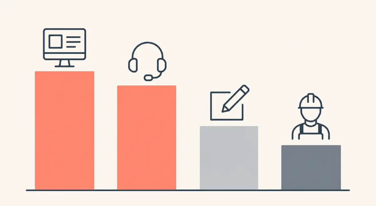 Person surrounded by different work task icons, some linked to an AI symbol to show task-level automation