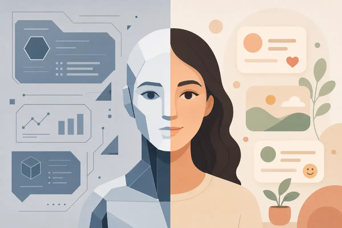 Speech bubbles evolving from rigid robotic shapes to rounded conversational shapes