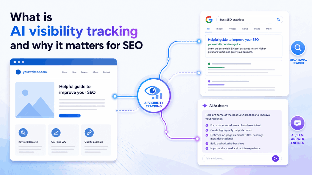 Website connected to search results and AI chat answers illustrating AI visibility tracking