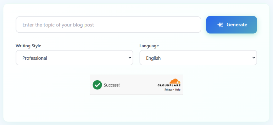 Free AI blog outline generator tool interface with input field, writing style options, and generate button