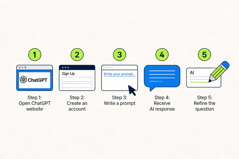 5-step infographic guide showing stages of using ChatGPT from account creation to getting responses