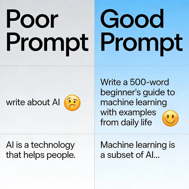 Side-by-side comparison of poorly written ChatGPT prompts versus detailed, well-structured prompts