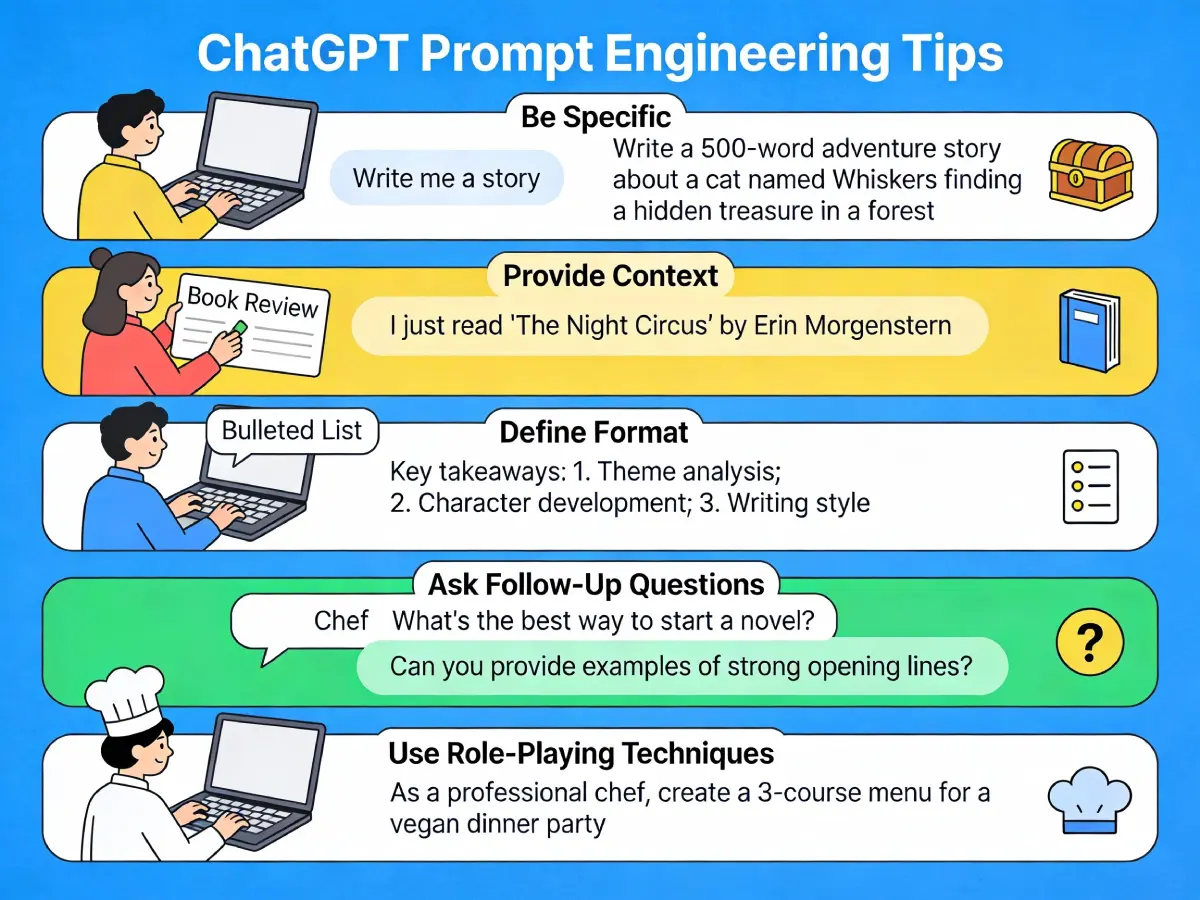 Visual guide showing 5 prompt engineering tips for getting better AI responses from ChatGPT