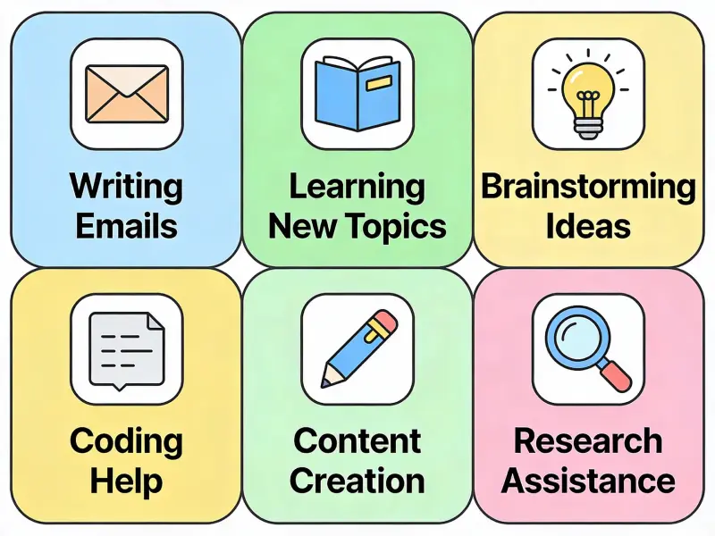 Grid layout showing 6 common ChatGPT use cases including email writing, learning, and brainstorming