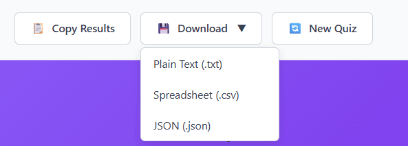 Download quiz in multiple formats: TXT, CSV, JSON